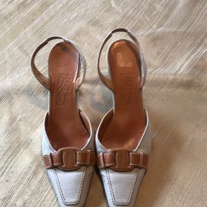 Ferragamo Linen and Leather Slingback heels